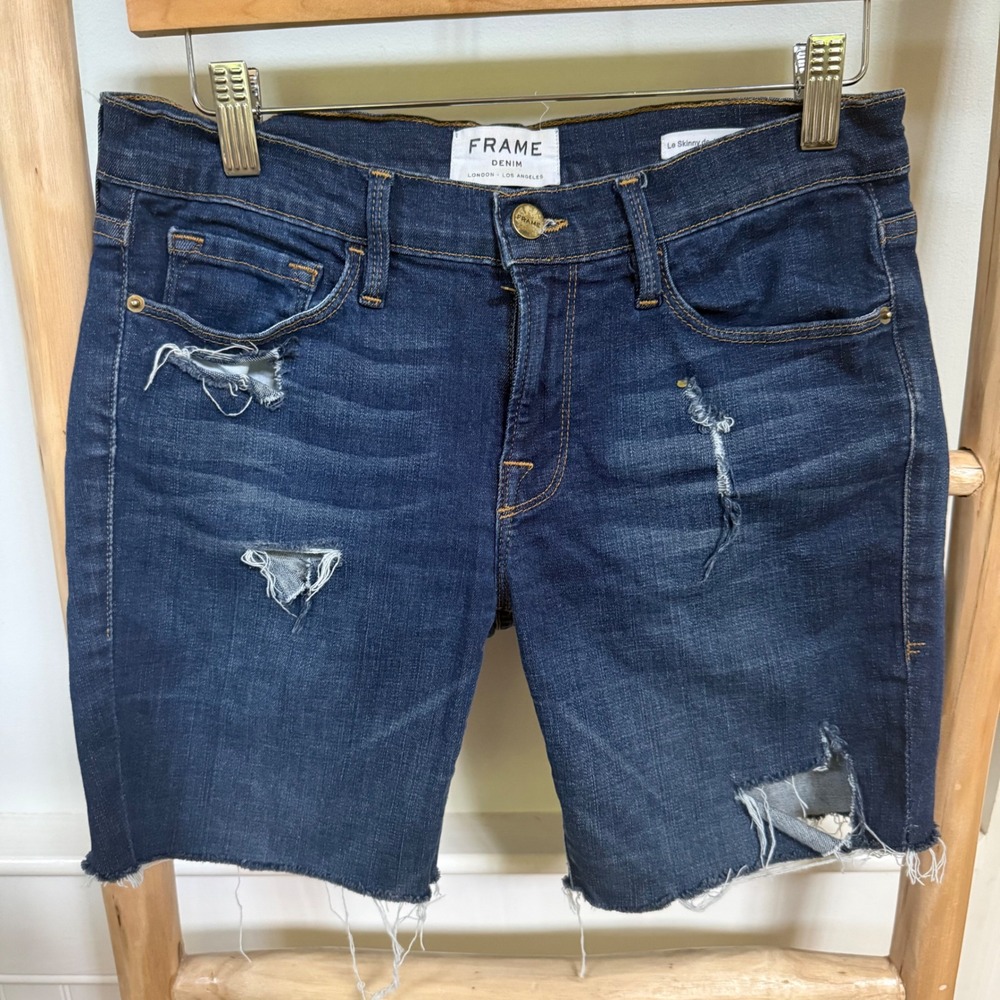 FRAME Lennox Distressed Denim‎ Shorts Dark Wash Raw Hem Womens 28